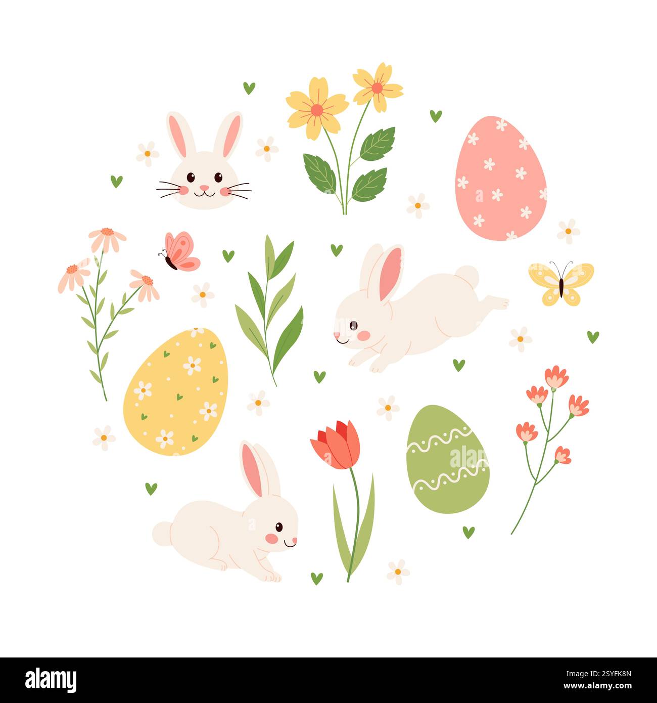 Collezione primaverile e pasquali di simpatici coniglietti, fiori e decorazioni. Set di vettori disegnati a mano per la scheda poster Illustrazione Vettoriale