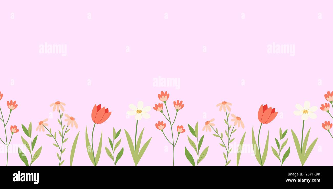 Bordo orizzontale senza cuciture disegnato a mano con graziosi fiori selvatici primaverili. Sfondo floreale senza cuciture per carte di credito, social media, poster e altri disegni Illustrazione Vettoriale