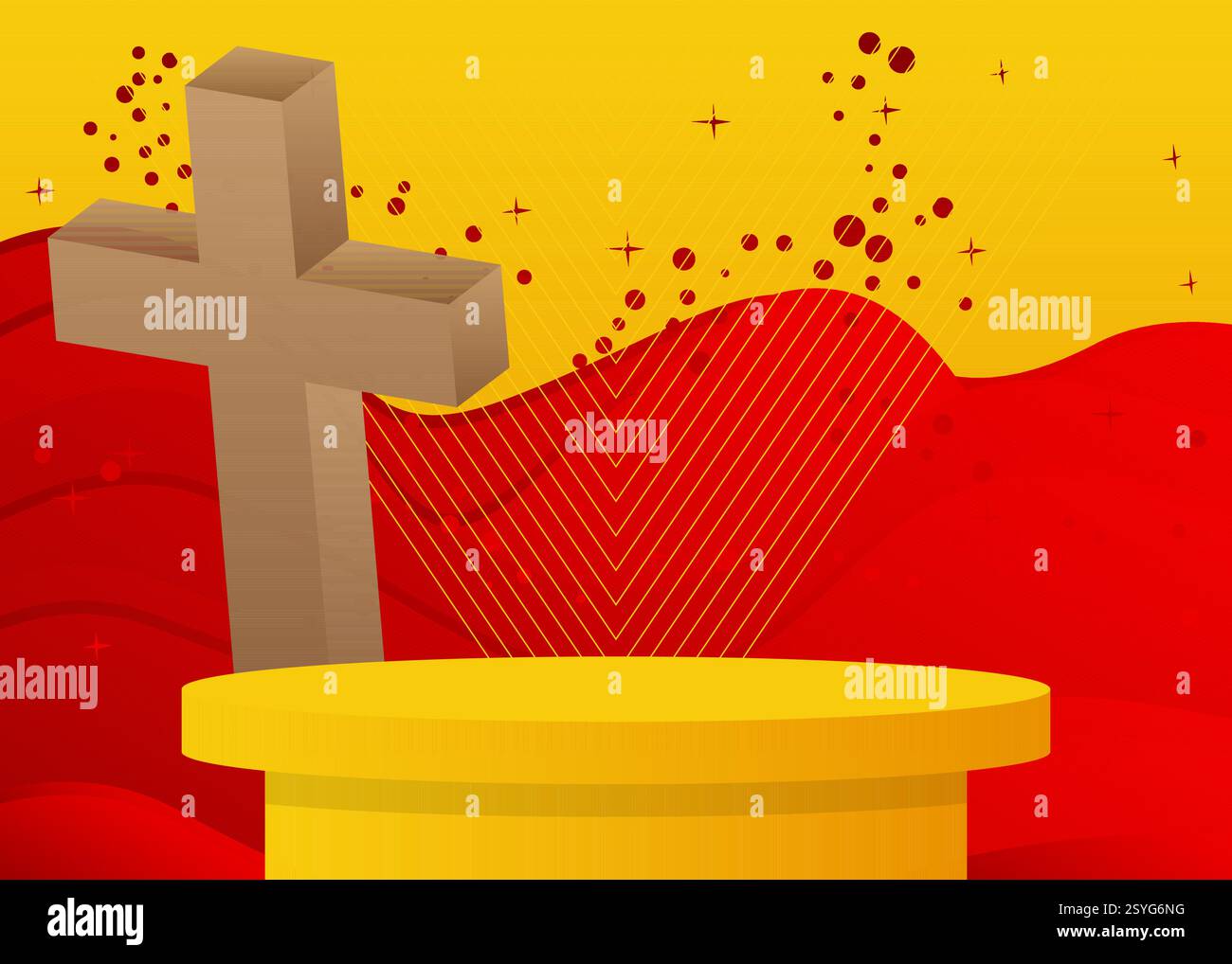 Esposizione di prodotti mockup con croce di religione, Crocifisso. Podio del supporto del cilindro vettoriale. Vetrina per la presentazione. Forme geometriche minime. Illustrazione Vettoriale