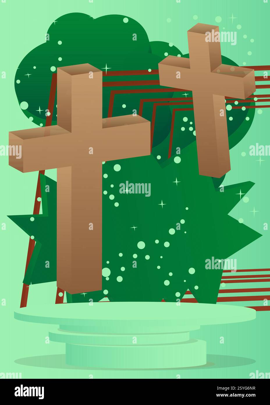 Esposizione di prodotti mockup con croce di religione, Crocifisso. Podio del supporto del cilindro vettoriale. Vetrina per la presentazione. Forme geometriche minime. Illustrazione Vettoriale