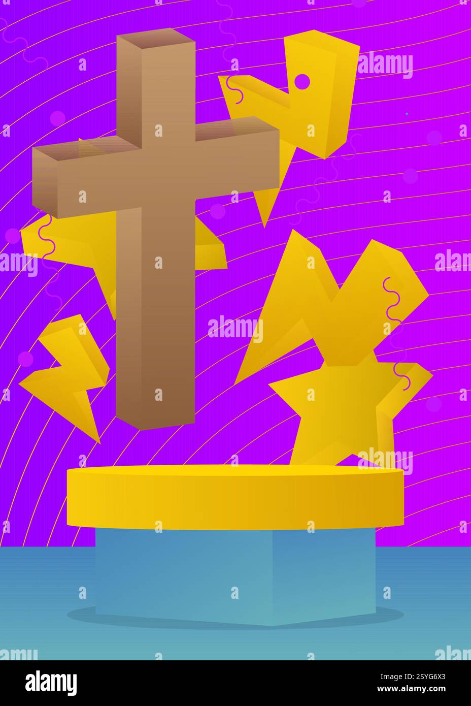 Esposizione di prodotti mockup con croce di religione, Crocifisso. Podio del supporto del cilindro vettoriale. Vetrina per la presentazione. Forme geometriche minime. Illustrazione Vettoriale