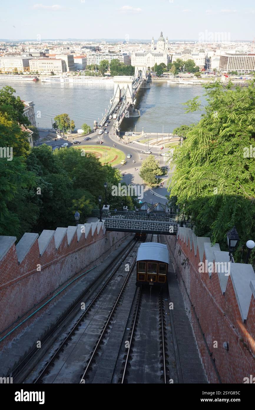 Il ponte Sechini e il centro della città, come si vede dalla funicolare del castello di Buda Foto Stock