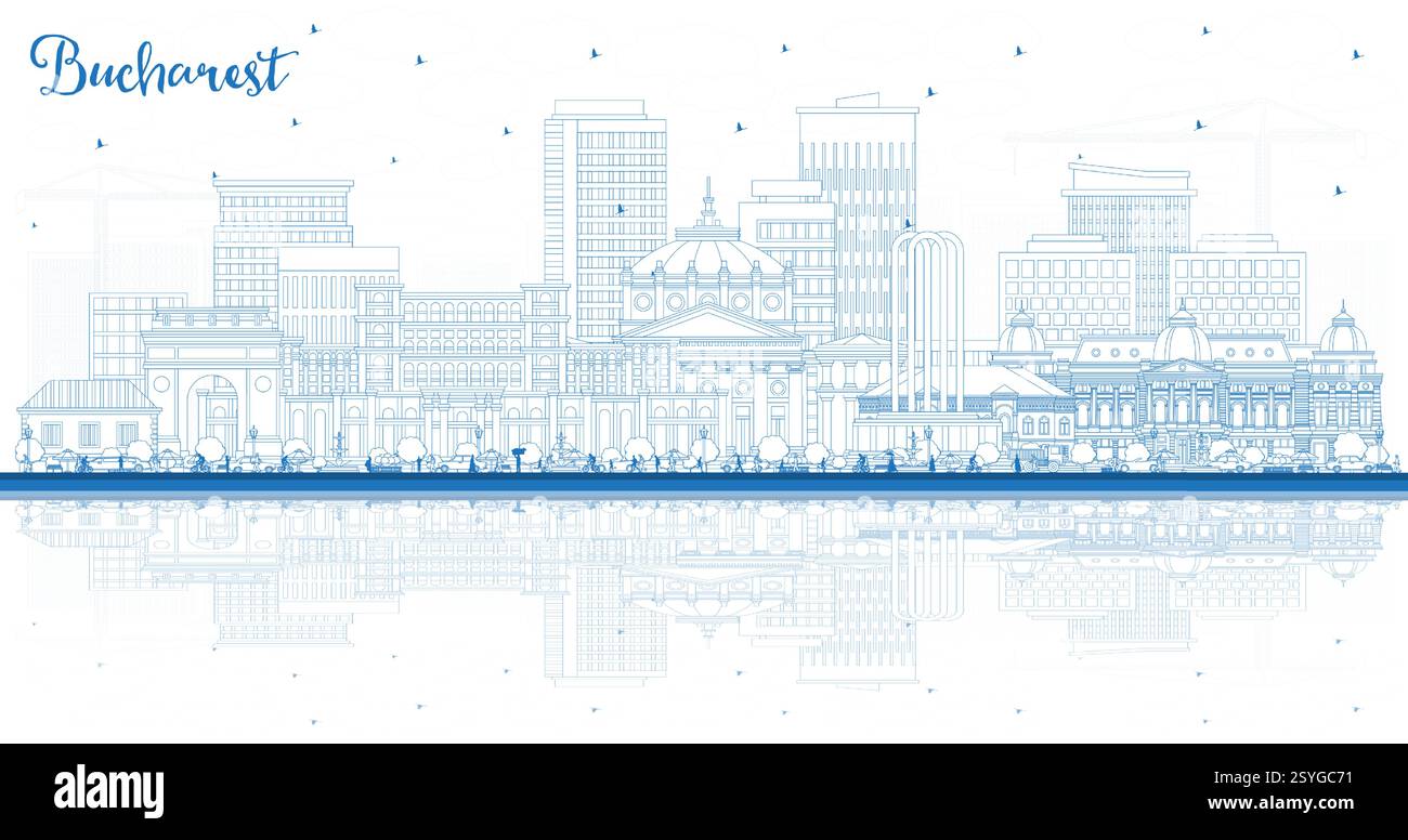 Delinea lo skyline di Bucarest Romania con edifici e riflessi blu. Illustrazione vettoriale. Paesaggio urbano di Bucarest con monumenti storici. Illustrazione Vettoriale