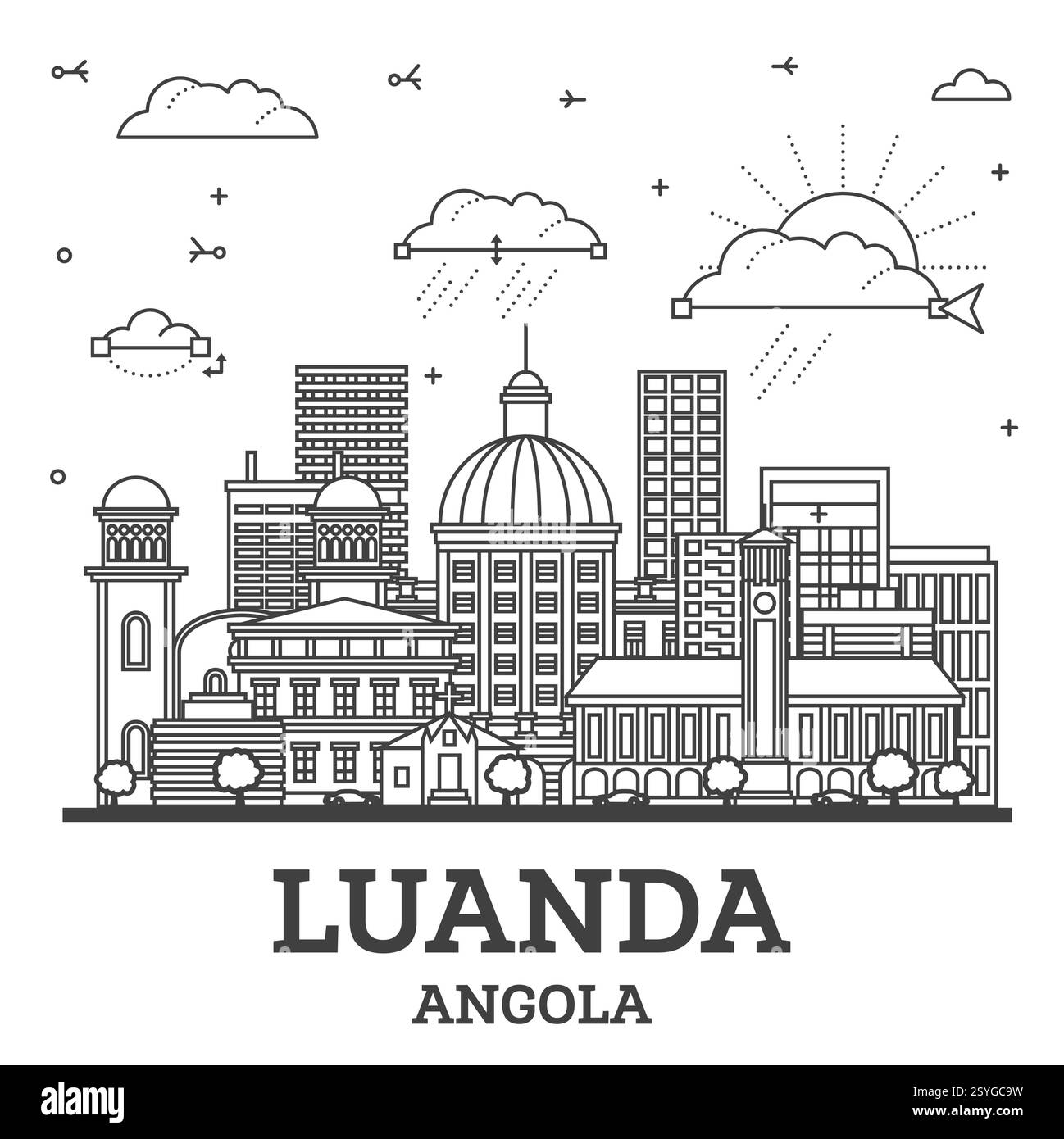 Delinea lo skyline di Luanda Angola con edifici moderni e storici isolati su bianco. Illustrazione vettoriale. Paesaggio urbano di Luanda con monumenti storici. Illustrazione Vettoriale