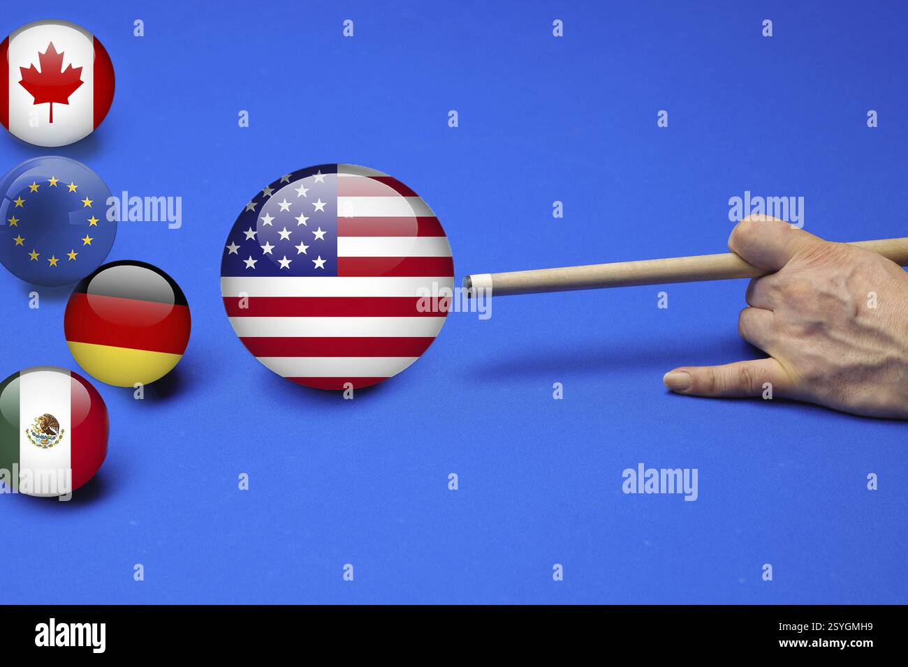 Immagine simbolica, biliardo Donald Trump, UE, Germania ed economia globale sotto la pressione di USA-Donald Trump, minacce tariffarie, Elon Musk, Mark Zuckerber Foto Stock