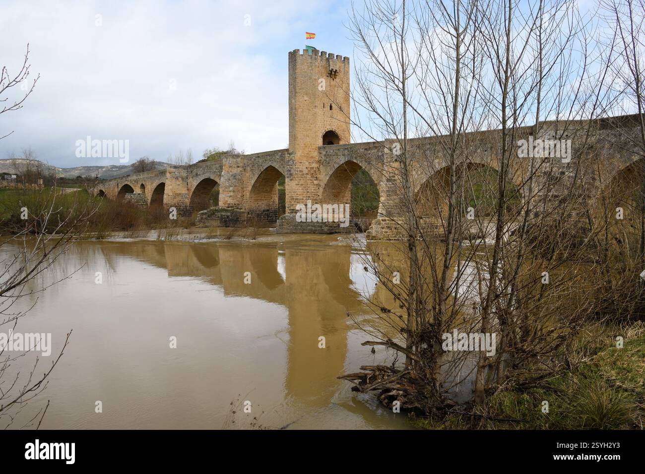 Ponte medievale di Frias sul fiume Ebro Foto Stock