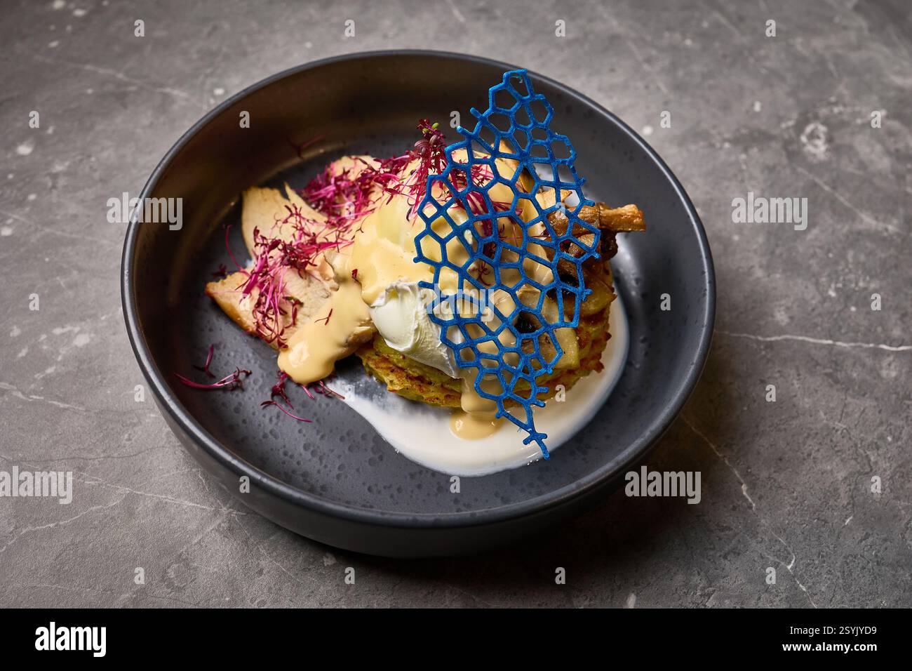 Presentazione intricata di cucina gourmet, un piatto elegante condito con vivaci decorazioni, che mostra arte culinaria moderna, raffinata esperienza culinaria, gast Foto Stock