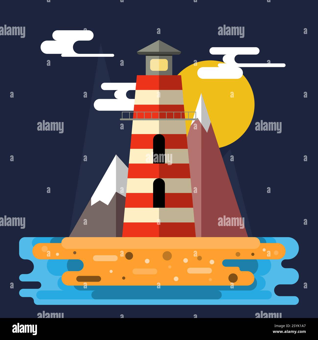 Un faro vibrante torreggia su un'isola rocciosa con montagne innevate sullo sfondo. Il sole dorato tramonta, con tonalità calde sul mare calmo A. Illustrazione Vettoriale