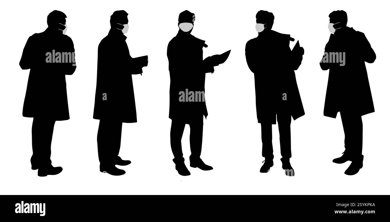 Concetto di vettore sagoma concettuale uomini che lavorano nel distanziamento sociale come mezzo di prevenzione e protezione contro la contaminazione da coronavirus. Illustrazione Vettoriale