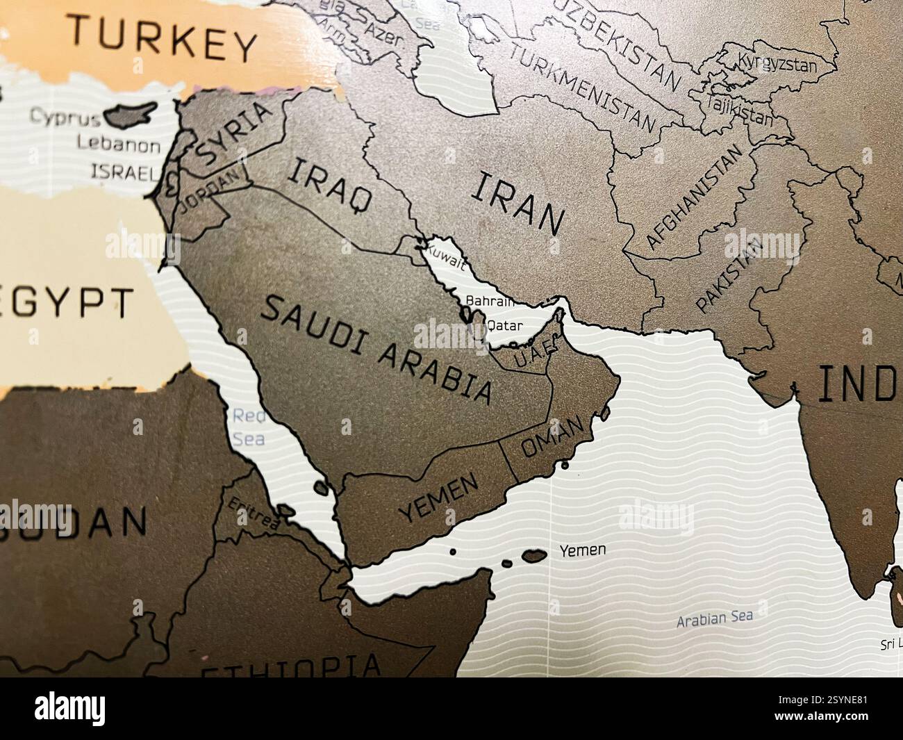 Mappa del Medio Oriente e dei paesi circostanti con confini politici etichettati Foto Stock