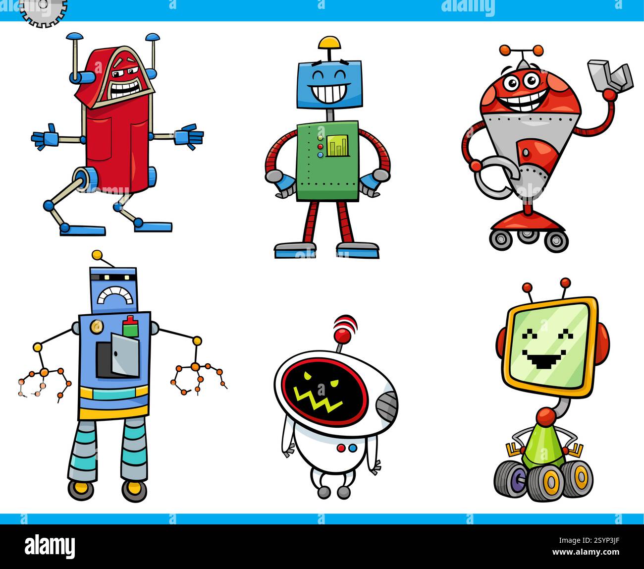 Illustrazione di cartoni animati di robot o droids fantascienza fantasy personaggi set Illustrazione Vettoriale