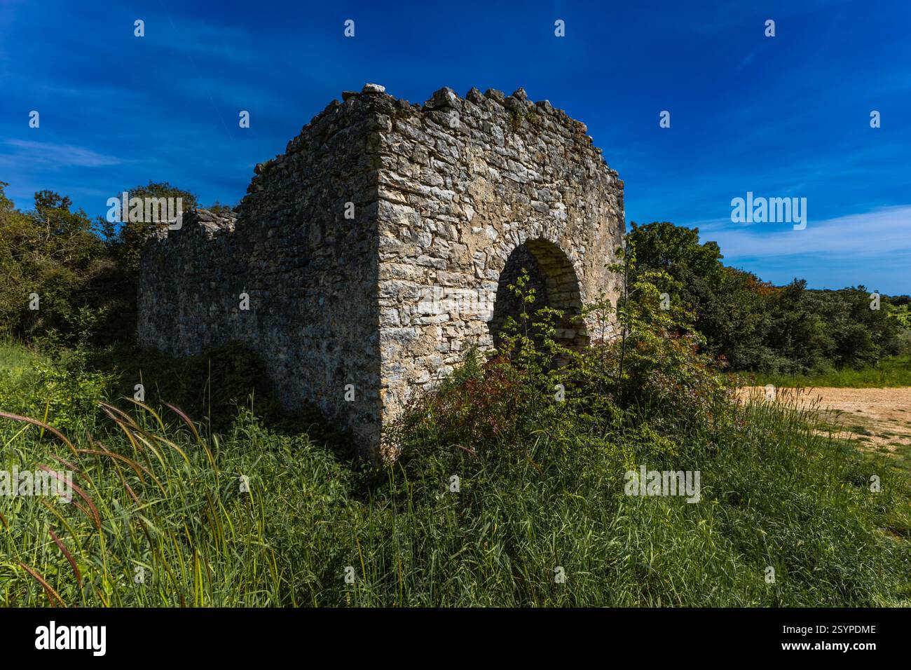 Rovine della vecchia chiesa di San Pietro vicino a Rovigno, penisola istriana, chiesa distrutta, monumenti croati Foto Stock
