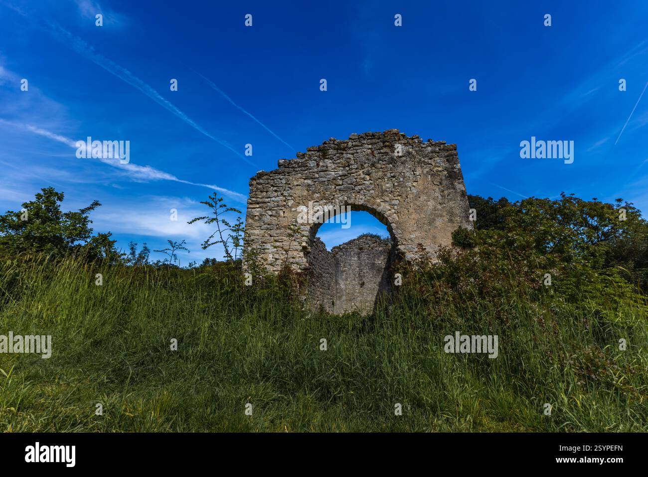 Rovine della vecchia chiesa di San Pietro vicino a Rovigno, penisola istriana, chiesa distrutta, monumenti croati Foto Stock