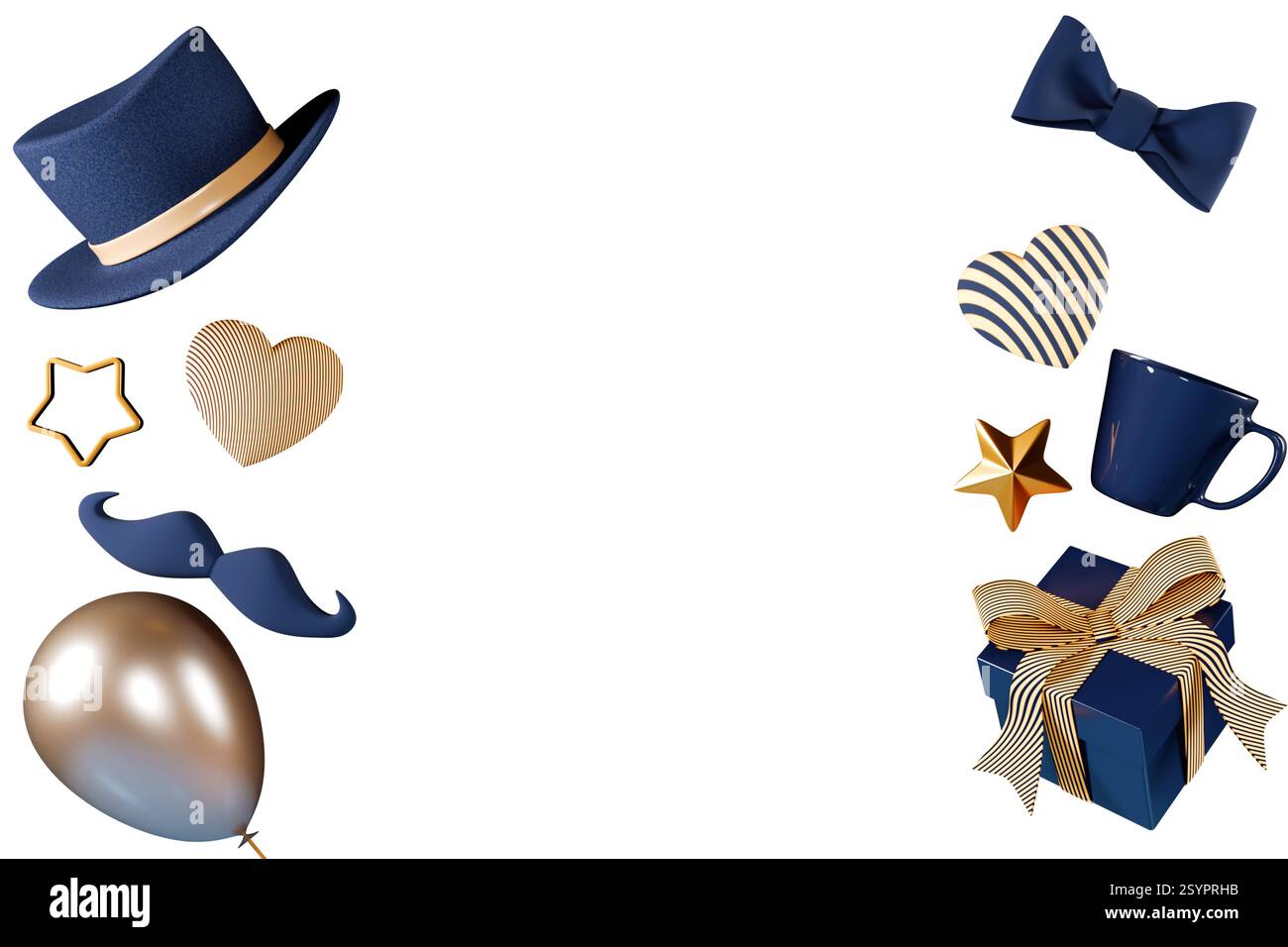 Decorazioni per festeggiare con cappelli, palloncini e regali per un'occasione di festa. rendering 3d. Foto Stock