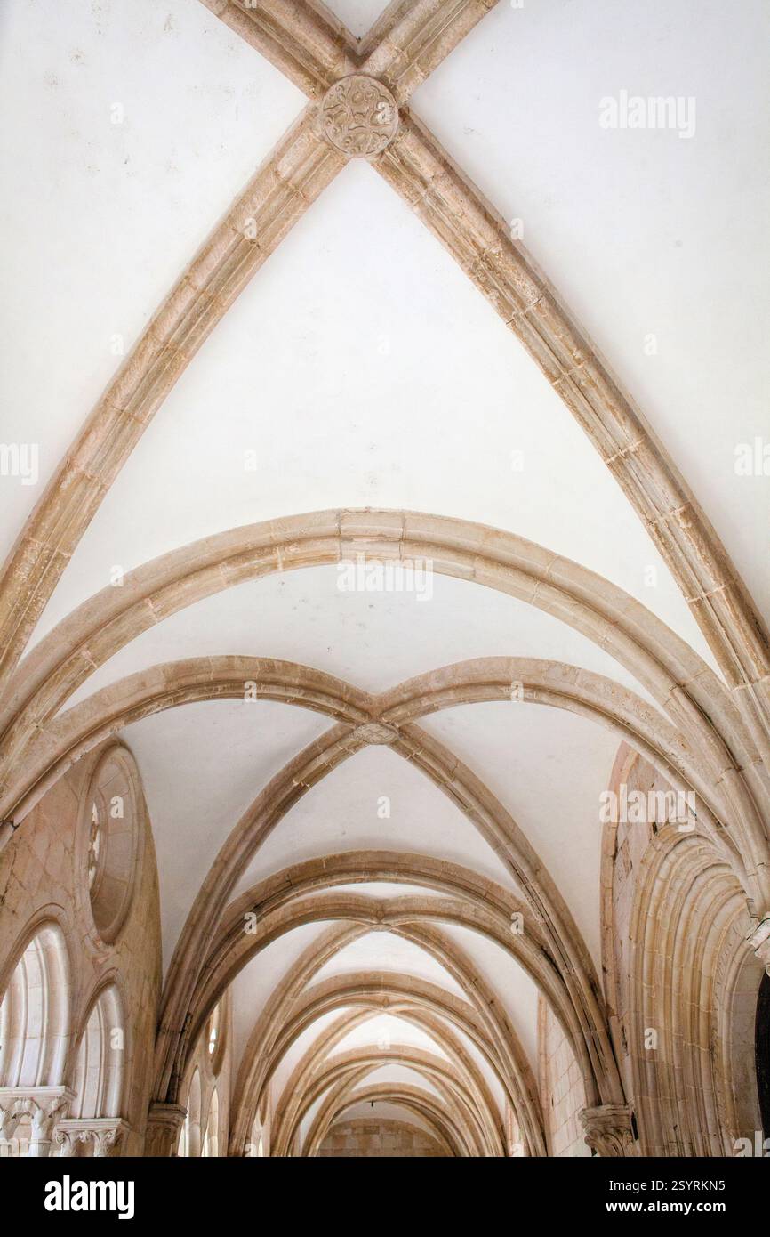 un soffitto a volta con intricati lavori in pietra che mettono in risalto la grandezza architettonica e l'artigianato di un edificio storico Foto Stock