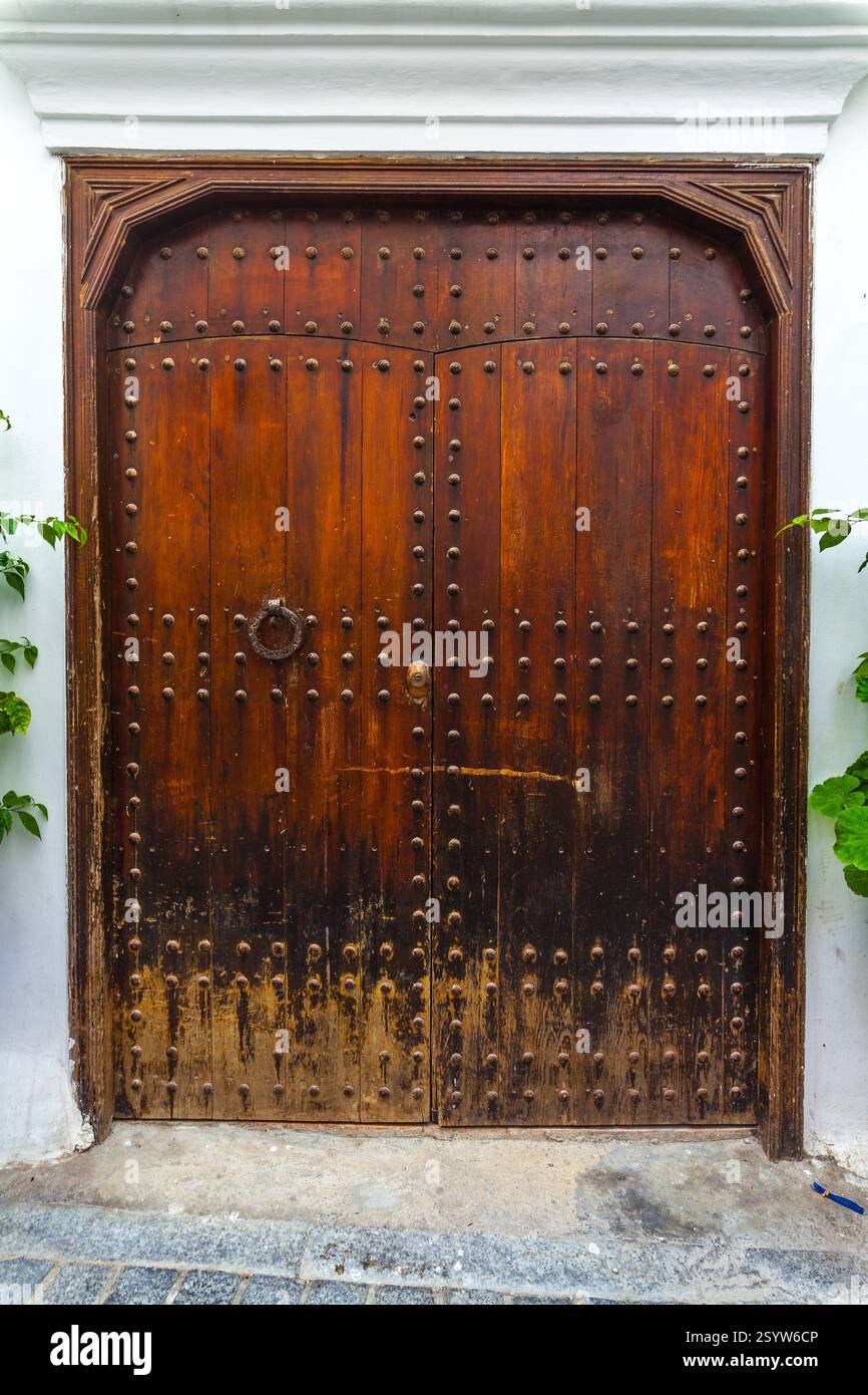 doppia porta in legno con ornati in metallo e maniglia ad anello, che creano un ingresso visivamente ricco e testualmente interessante ad un edificio in un histo Foto Stock