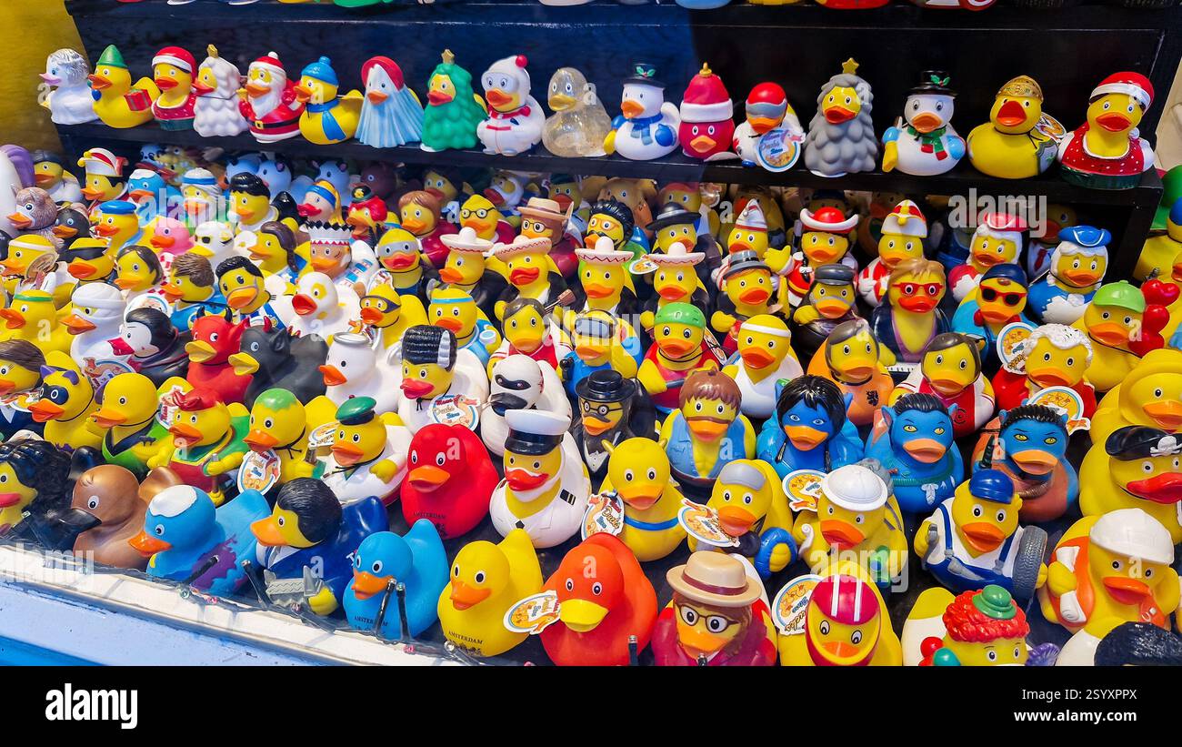 Amsterdam, Paesi Bassi - 3 dicembre 2024: Vetrina del negozio Mama Ducks. Negozio di souvenir sull'anatra alla gomma. Foto Stock
