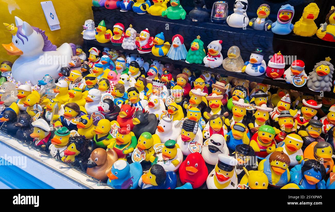 Amsterdam, Paesi Bassi - 3 dicembre 2024: Vetrina del negozio Mama Ducks. Negozio di souvenir sull'anatra alla gomma. Foto Stock