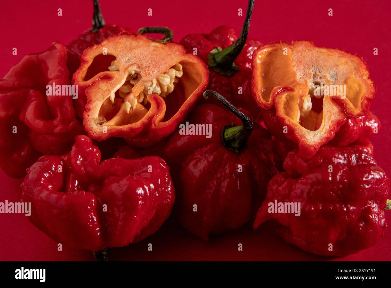 Peperoni Habanero su fondo rosso, rosso maturo sulla tavola, peperoni habanero piccanti e piccanti Foto Stock