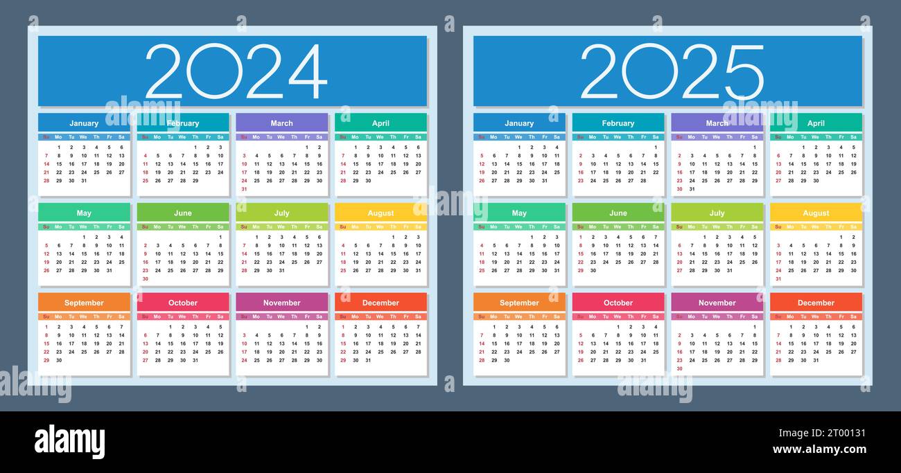 Calendario colorato per 2024 e 2025 anni. La settimana inizia la domenica. Illustrazione