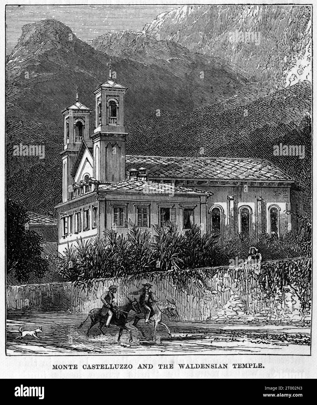 Incisione di Monte Castelluzzo e del tempio valdese Foto Stock