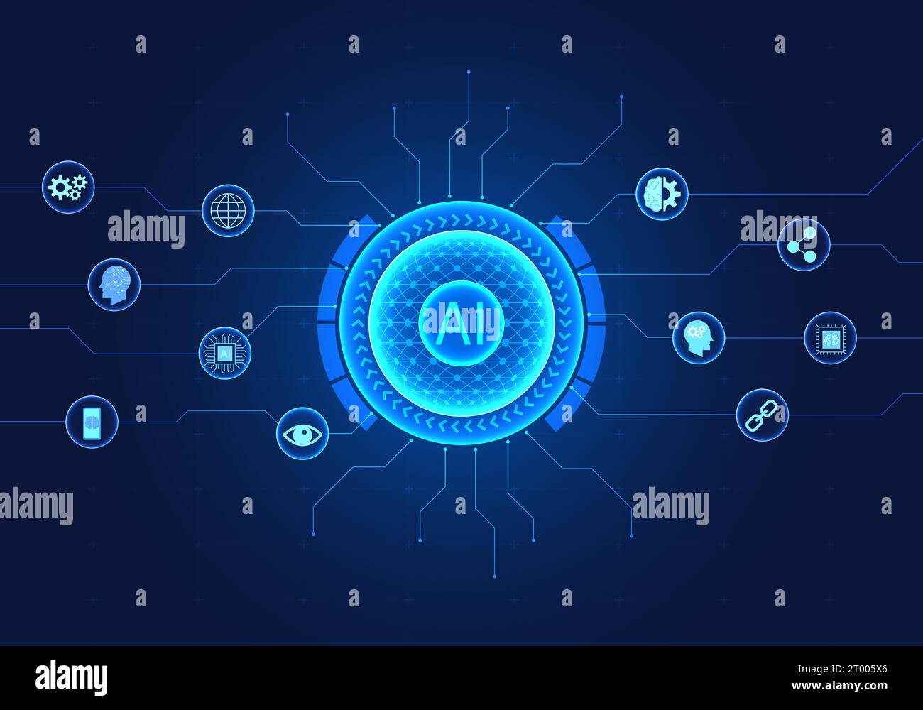 La tecnologia dell'intelligenza artificiale cerchia lo sfondo con icone della tecnologia intelligente significa tecnologia dell'intelligenza artificiale che aiuta gli esseri umani in busi Illustrazione Vettoriale