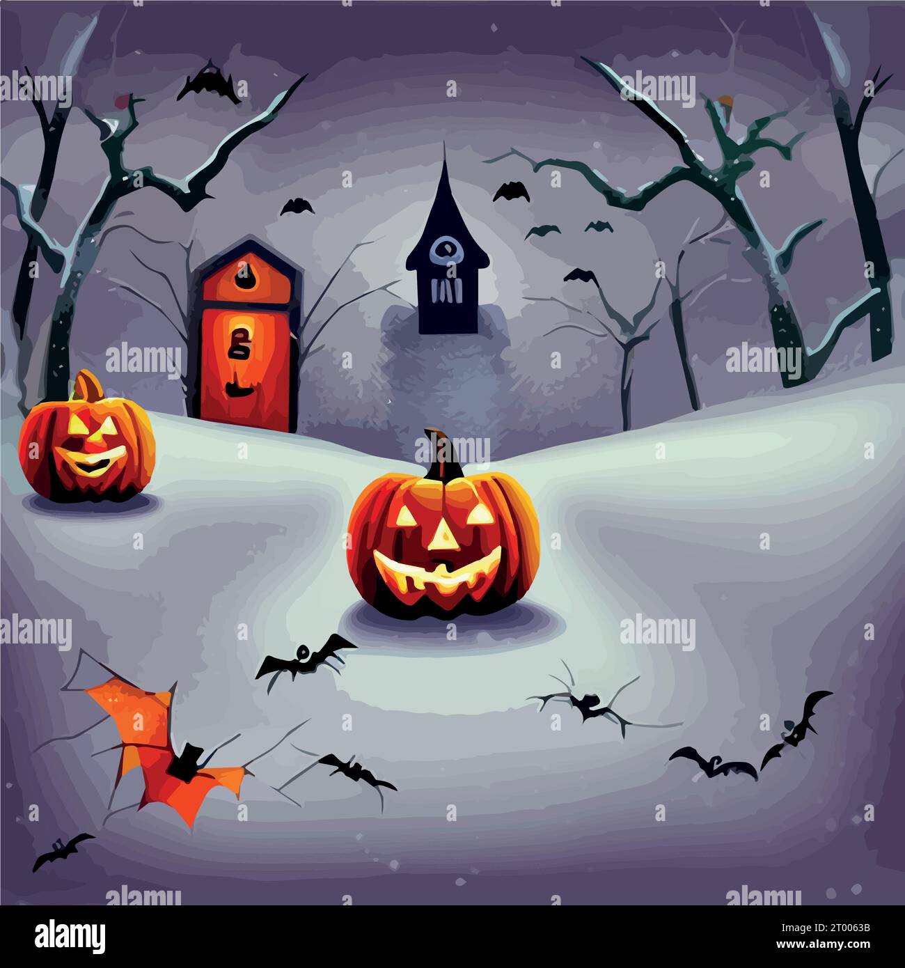 Halloween ha intagliato zucche e pipistrelli nell'illustrazione vettoriale della foresta innevata. Illustrazione vettoriale Illustrazione Vettoriale