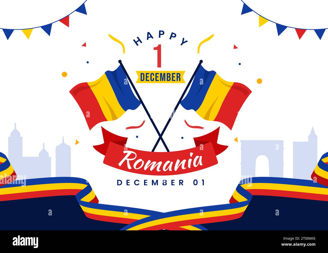 Illustrazione vettoriale della giornata Nazionale della Romania il 1 dicembre con lo sfondo della bandiera sventolante in occasione della festa commemorativa della grande Unione Romena Design di cartone animato piatto Illustrazione Vettoriale