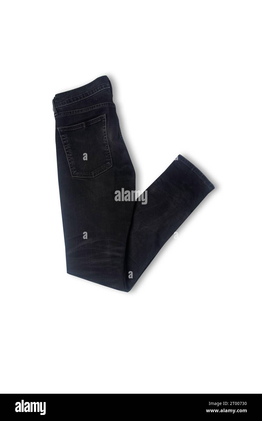 Texture denim in vista ravvicinata con spazio di copia isolato su sfondo bianco con tracciato di ritaglio. I jeans blu non presentano cuciture con macro per preimpostare circa c Foto Stock