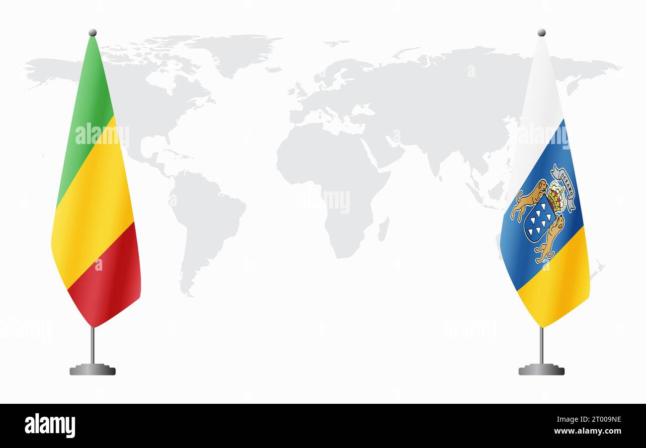 Bandiere del Mali e delle Isole Canarie per un incontro ufficiale sullo sfondo della mappa mondiale. Illustrazione Vettoriale