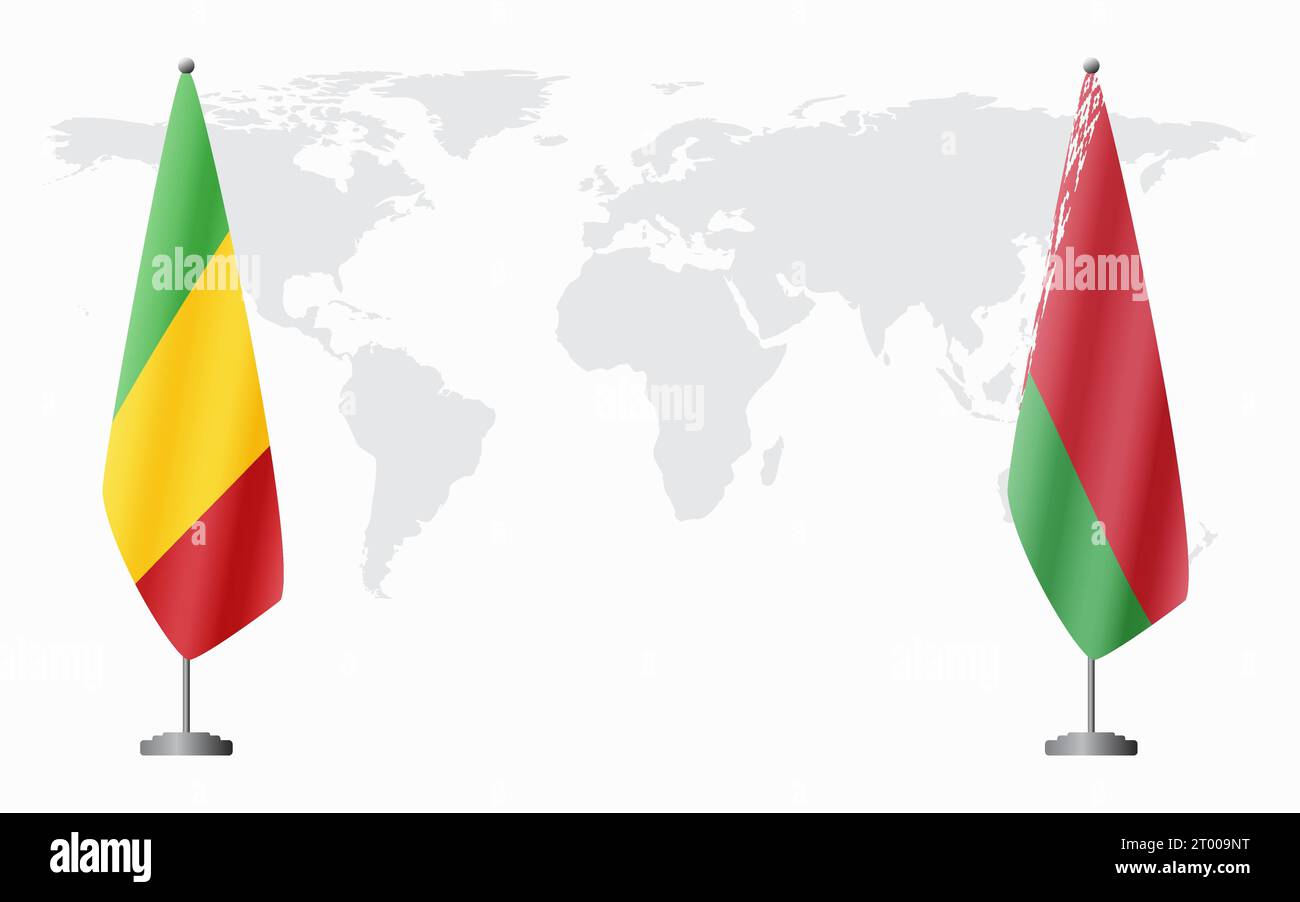 Bandiere del Mali e bielorusse per riunioni ufficiali sullo sfondo della mappa mondiale. Illustrazione Vettoriale