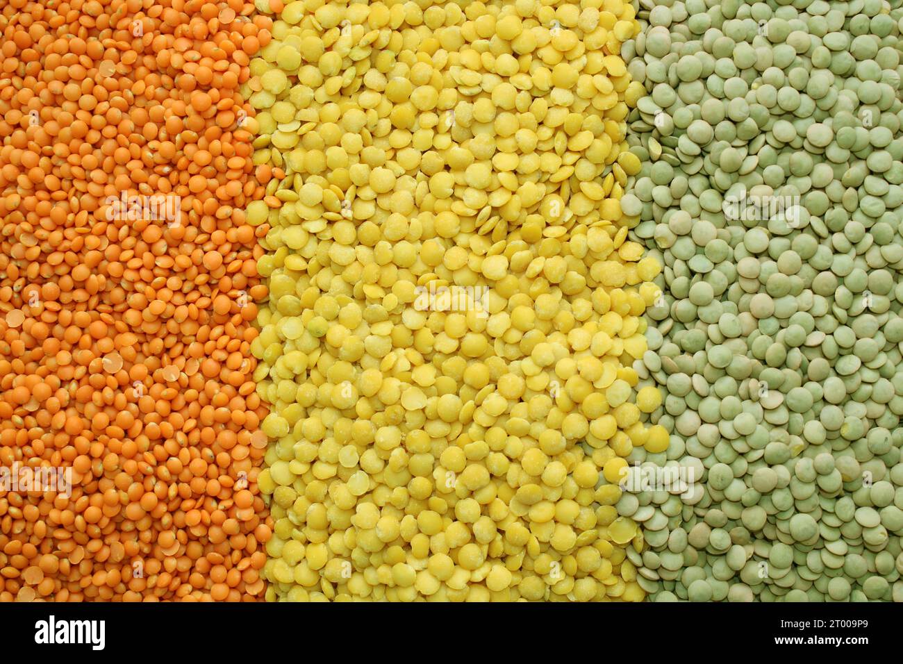 alimenti di base come lenticchie nei colori verde, rosso, arancione, giallo per i ristoranti vegetariani vegani o per il commercio di prodotti a base di cereali. strisce Foto Stock