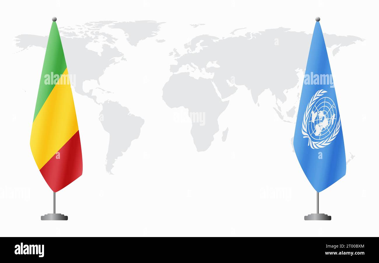 Bandiere del Mali e delle Nazioni Unite per un incontro ufficiale sullo sfondo della mappa mondiale. Illustrazione Vettoriale