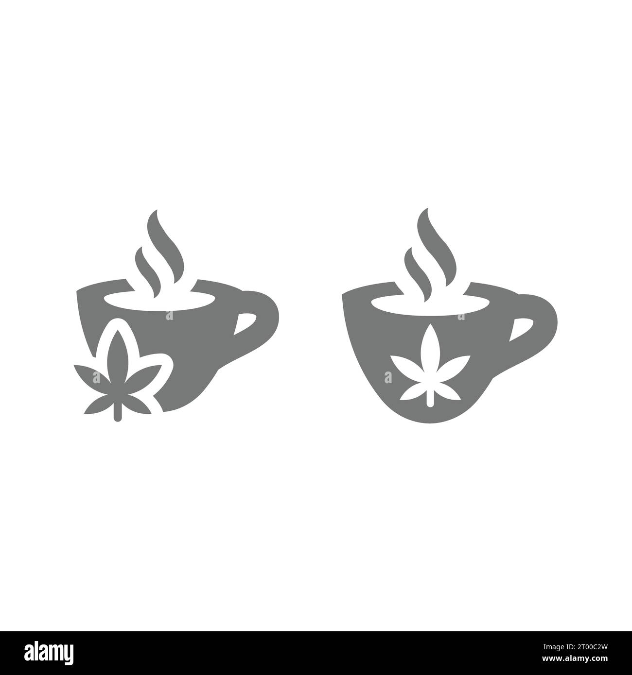 Foglia di cannabis e tazza da tè o tazza, caffetteria. Icona del vettore del tè caldo di marijuana. Illustrazione Vettoriale