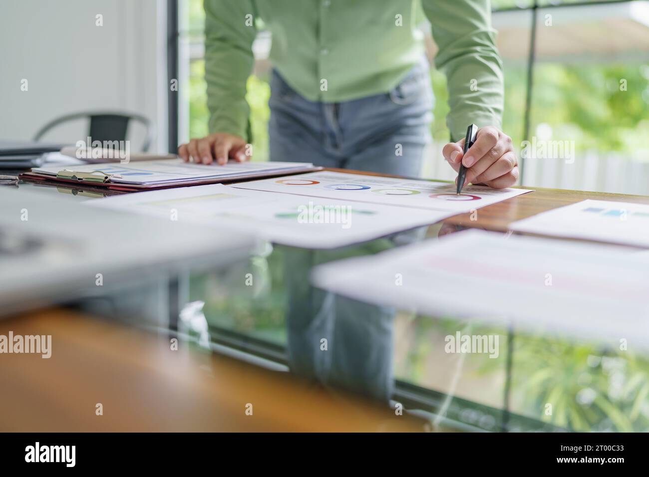 Donna d'affari che lavora in uno spazio di lavoro moderno e rispettoso dell'ambiente idee creative per un progetto di Start up di investitori professionali ecocompatibili Foto Stock