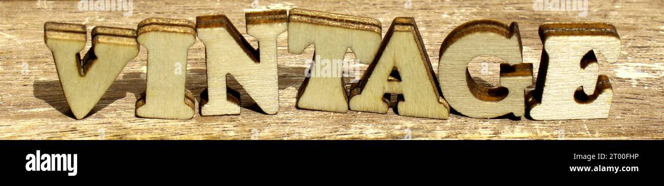 natura lettere di legno al sole in una giornata soleggiata e felice. crea testo word dall'alfabeto delle lettere in legno. Sfondo in legno naturale, lettere VINTAGE Foto Stock