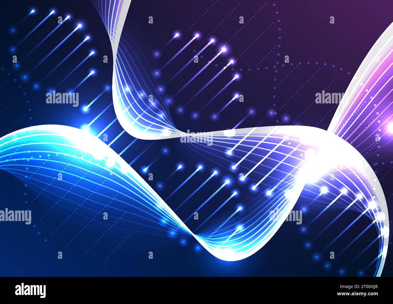 Background tecnologico medicale a tema DNA con fili illuminati, che evidenziano i progressi tecnologici della medicina moderna e mostrano l'interconnessione Illustrazione Vettoriale