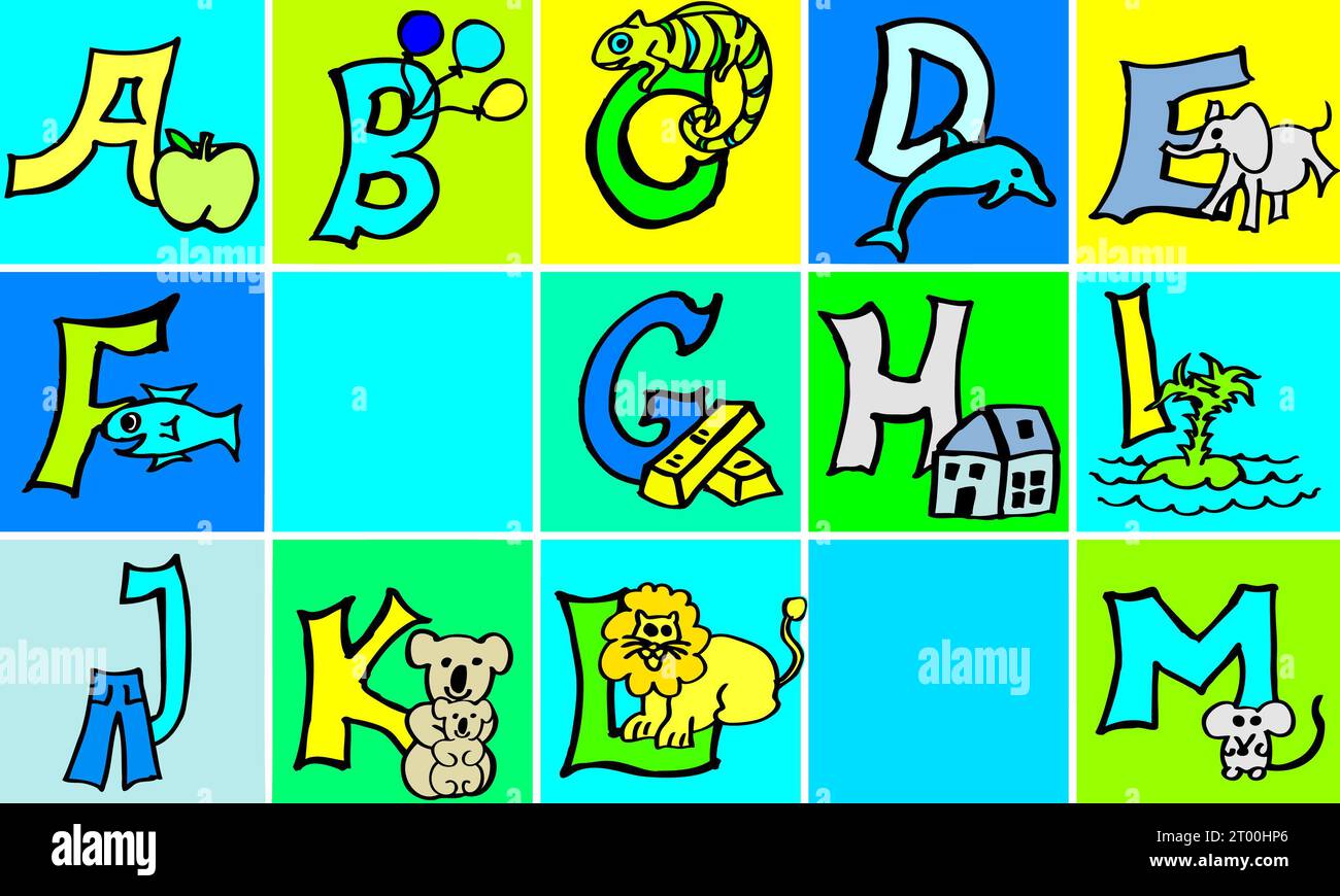 Alfabeto colorato dipinto a mano con animali, imparare lettere abc, scrivere, leggere in tedesco e in inglese: Apple inizia con A in entrambe le lingue Foto Stock