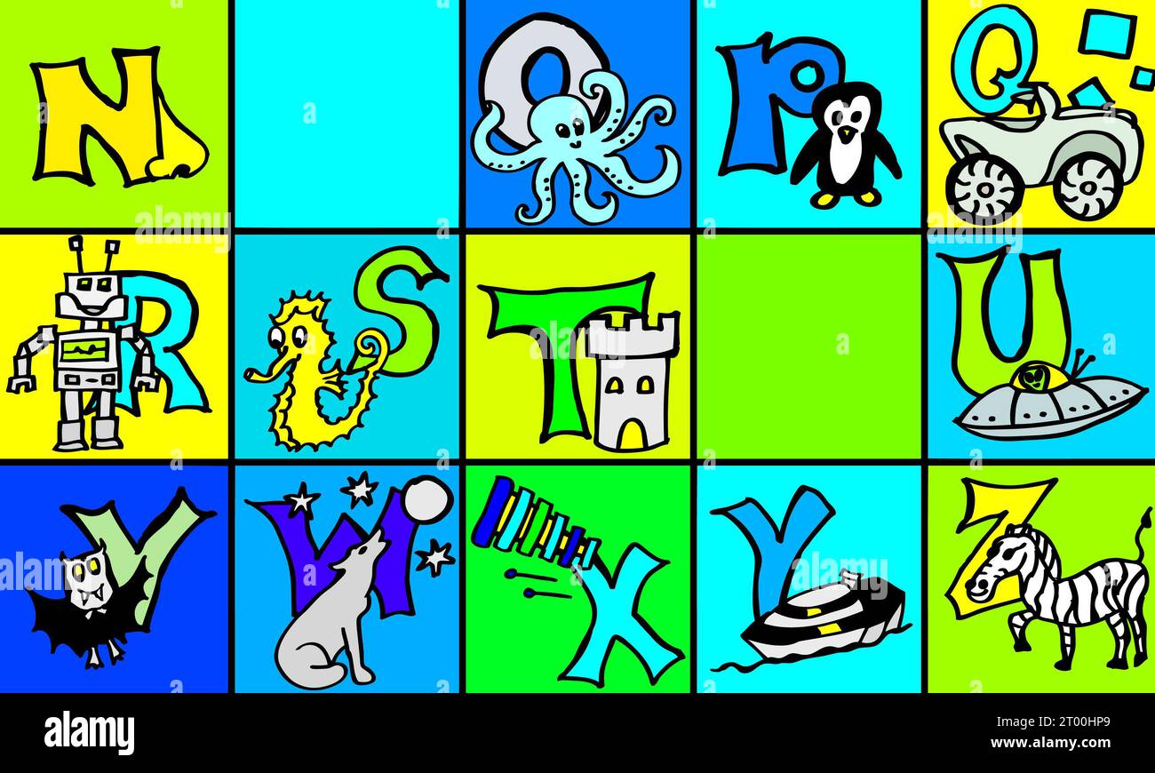 Alfabeto colorato dipinto a mano con animali, imparare lettere abc, scrivere, leggere in tedesco e in inglese: Apple inizia con A in entrambe le lingue Foto Stock