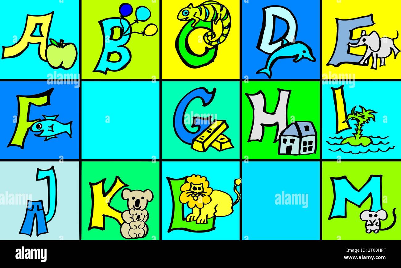 Alfabeto colorato dipinto a mano con animali, imparare lettere abc, scrivere, leggere in tedesco e in inglese: Apple inizia con A in entrambe le lingue Foto Stock