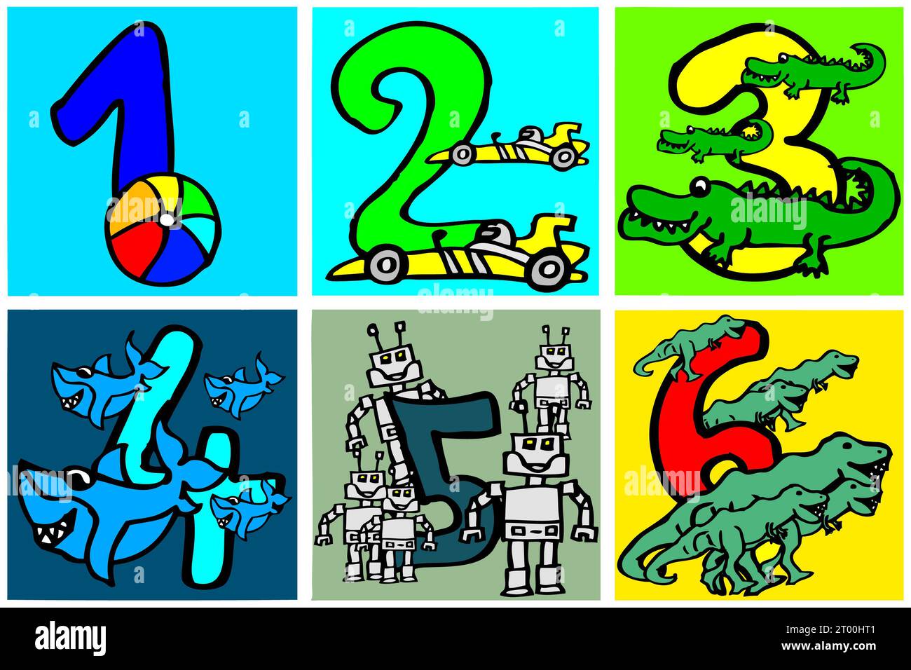 numeri dipinti a mano per ragazzi e ragazze. I bambini e i bambini più piccoli possono imparare la matematica in modo divertente o a colori nelle immagini, 1 2 3 4 5 6 Foto Stock