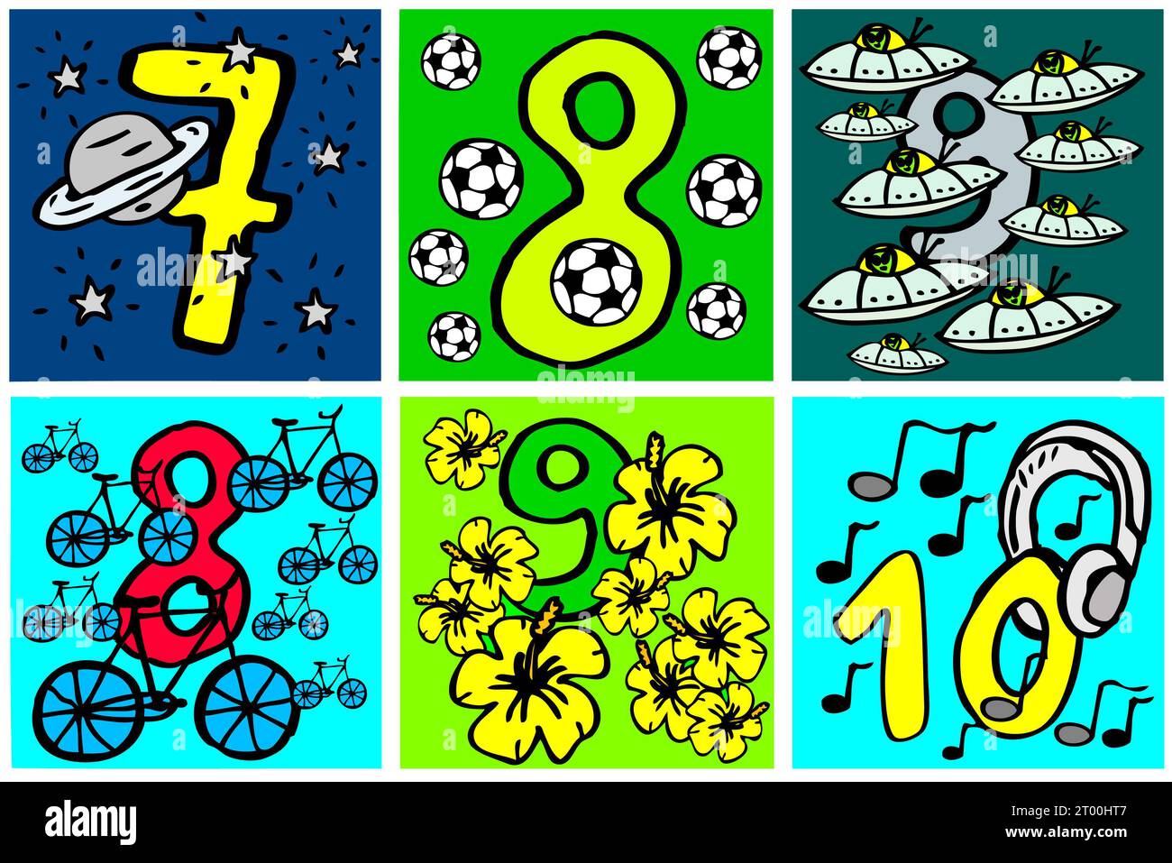 numeri dipinti a mano per ragazzi e ragazze. I bambini e i bambini più piccoli possono imparare la matematica in modo giocoso o a colori nelle immagini, 7 8 9 10 Foto Stock