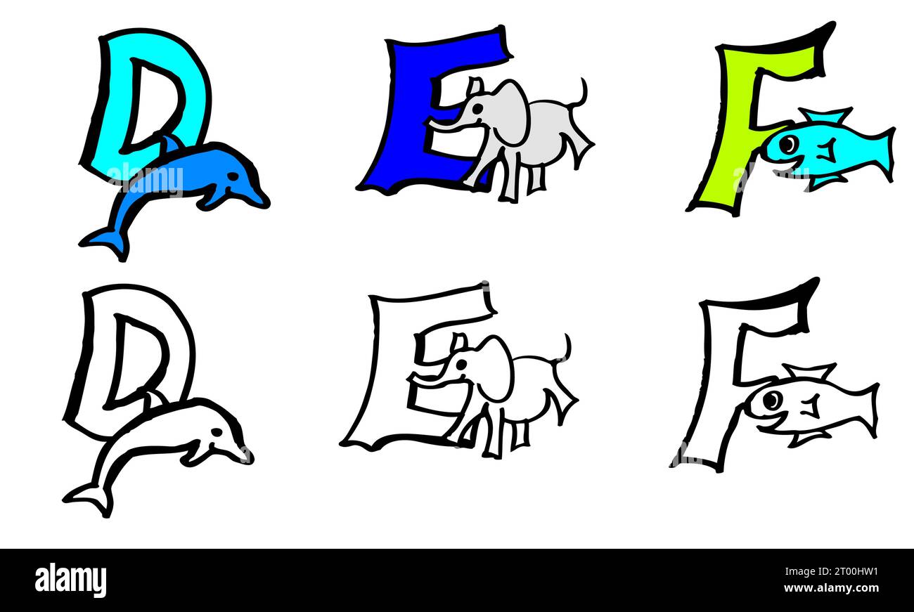 Alfabeto colorato dipinto a mano con animali, imparare lettere abc, scrivere, leggere in tedesco e in inglese: Apple inizia con A in entrambe le lingue Foto Stock