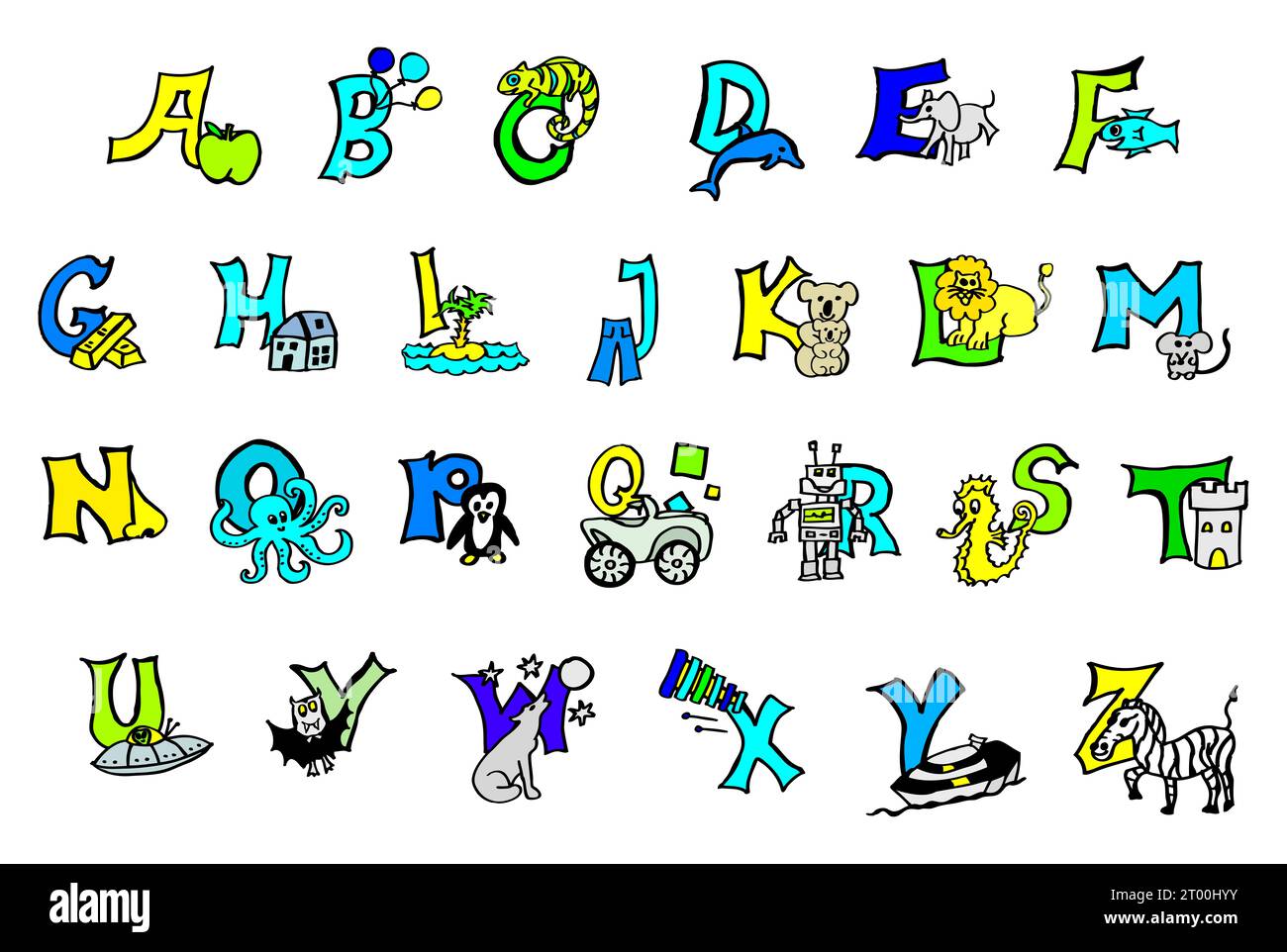 Alfabeto colorato dipinto a mano con animali, imparare lettere abc, scrivere, leggere in tedesco e in inglese: Apple inizia con A in entrambe le lingue Foto Stock