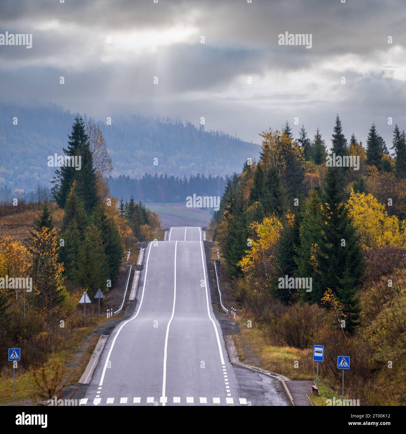 Le montagne Carpazi e l'autostrada sul passo di montagna, Ucraina. Foto Stock