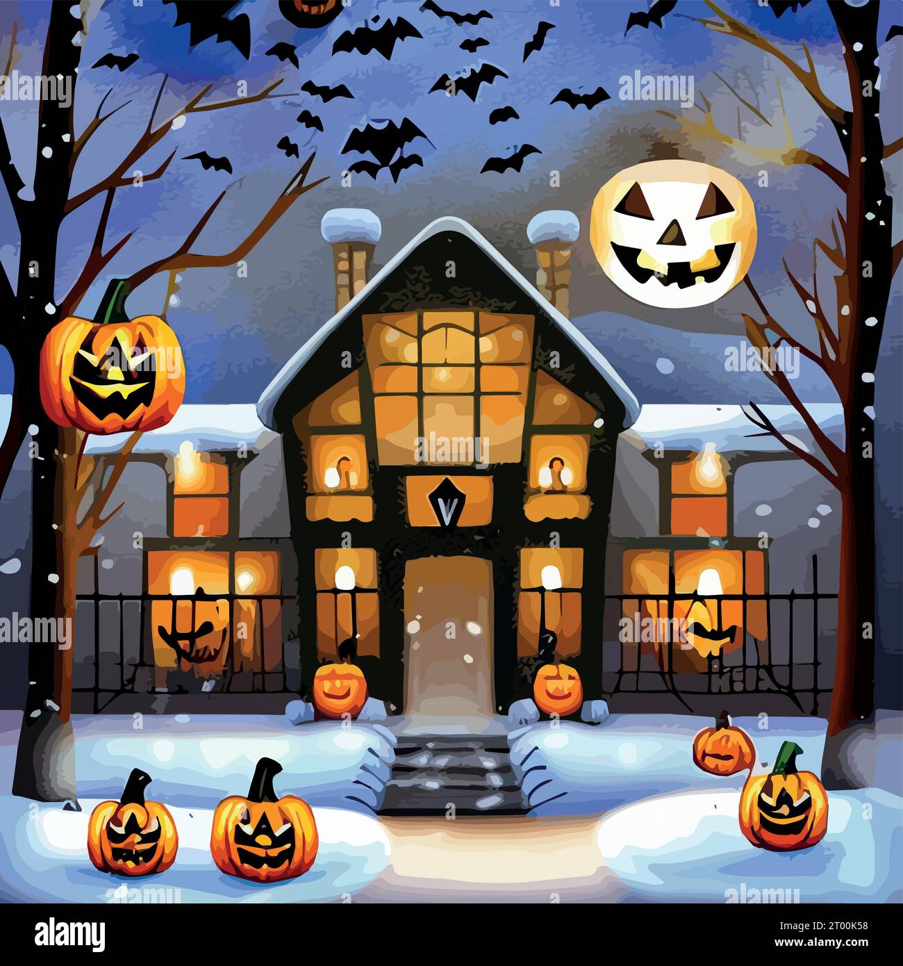 Zucche di Halloween in un giardino innevato e pipistrelli nell'illustrazione vettoriale. Illustrazione vettoriale Illustrazione Vettoriale