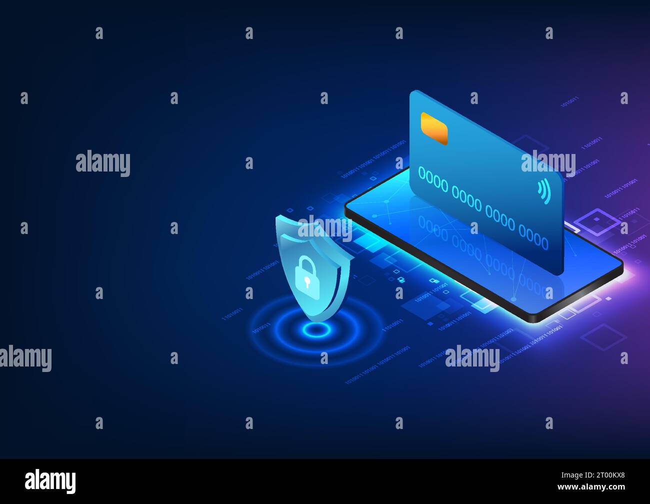 Tecnologia smartphone con carta di credito posizionata sopra lo schermo del cellulare dotato di uno scudo con blocco anteriore tecnologia smartphone dotata di Illustrazione Vettoriale