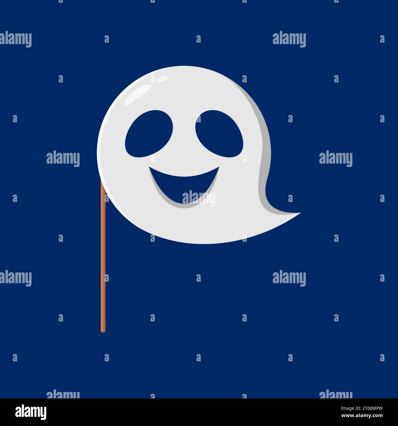 Maschera per foto fantasma di Halloween con oggetti di scena. Spettrale bianco vettoriale isolato con un sorriso amichevole. Accessorio per allegre istantanee natalizie di carnevale e divertenti giochi in costume Illustrazione Vettoriale