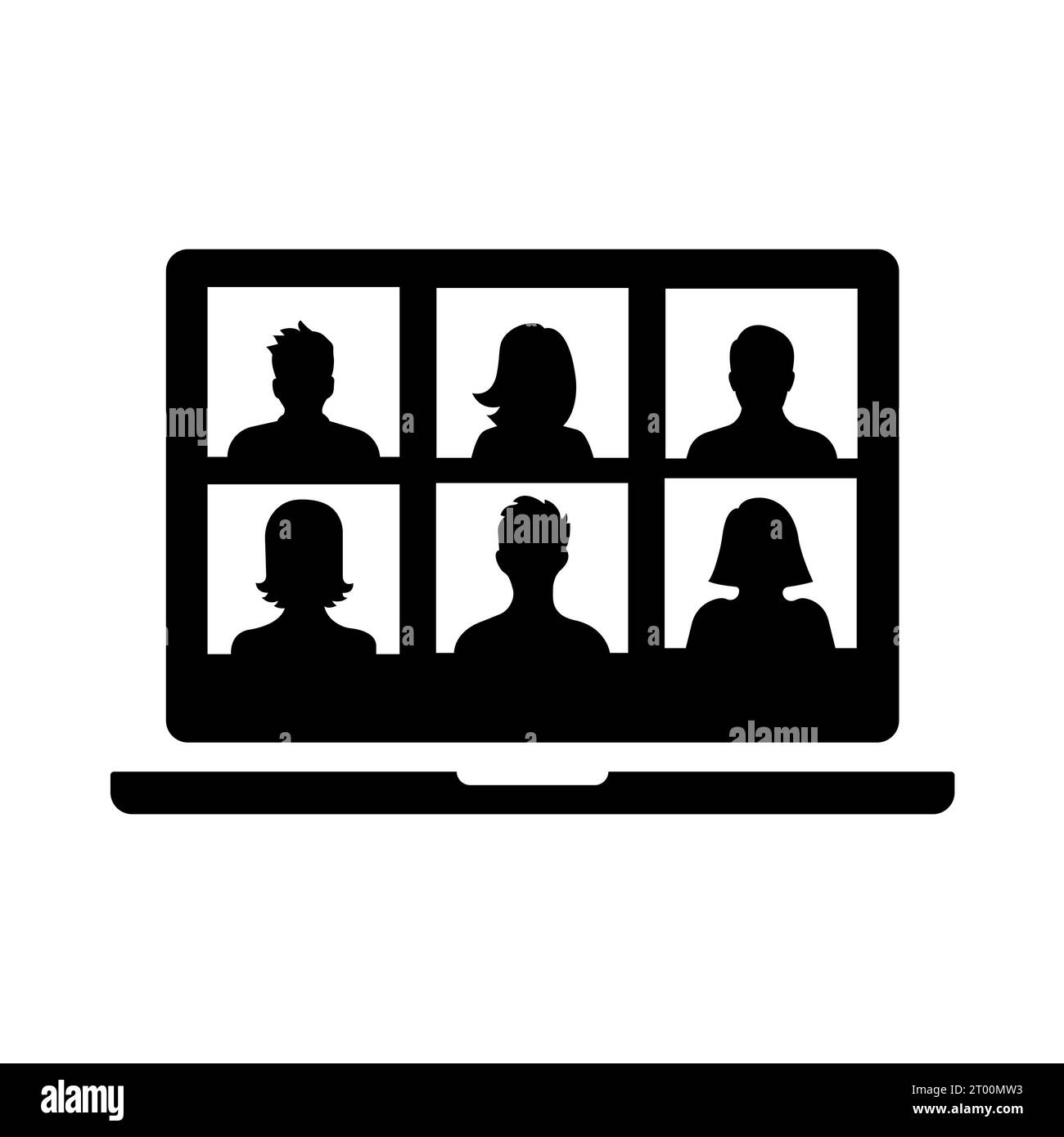 Videochiamata in conferenza sull'icona della linea sottile del notebook. Lavorare da casa. Apprendimento a distanza. Raggruppare le persone sullo schermo. Conversazione. Illustrazione vettoriale Illustrazione Vettoriale