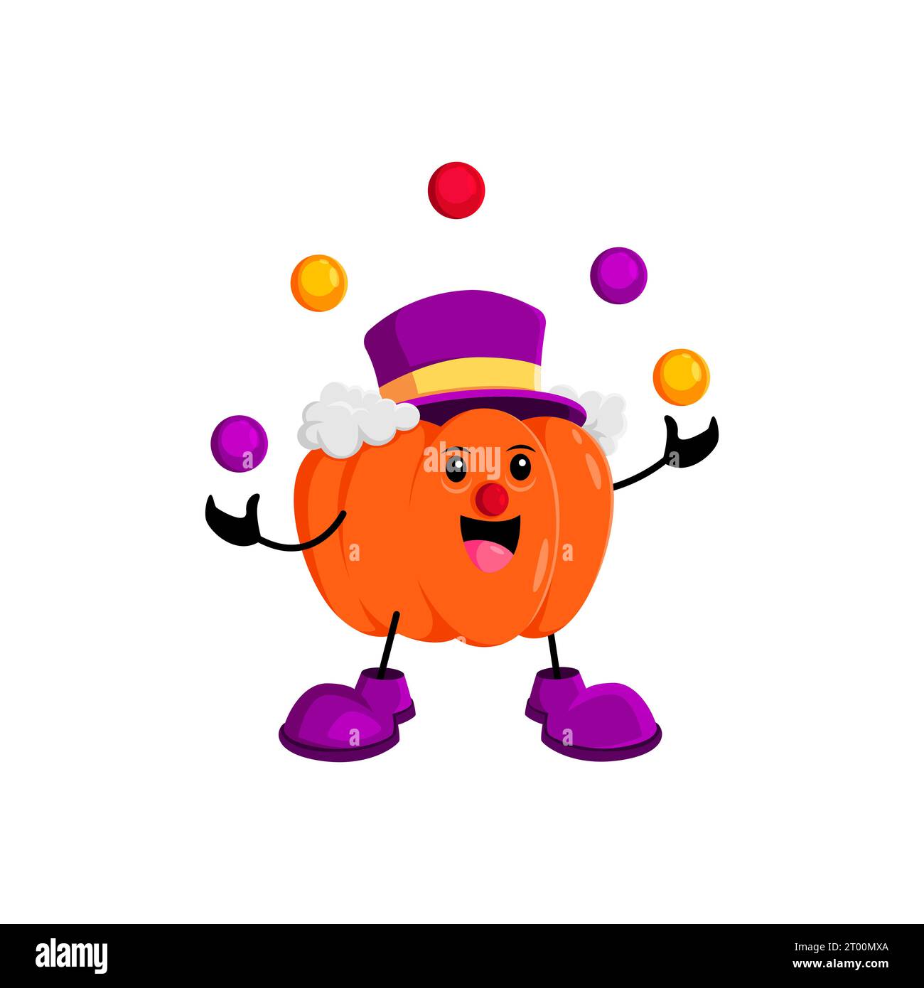Il personaggio della zucca di Halloween indossa un colorato costume da clown mentre si destreggia abilmente con le palle, aggiungendo un fascino giocoso alle spaventose feste. Personaggio di zucca allegro e vettoriale isolato Illustrazione Vettoriale
